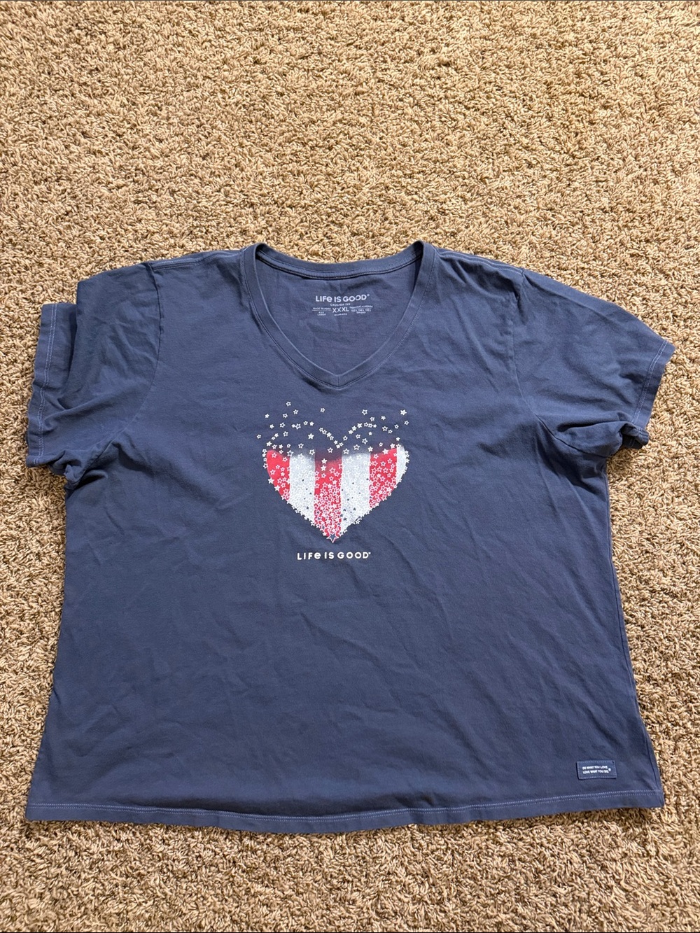 Life Is Good Navy V-Neck Tee with Red & White Striped Heart